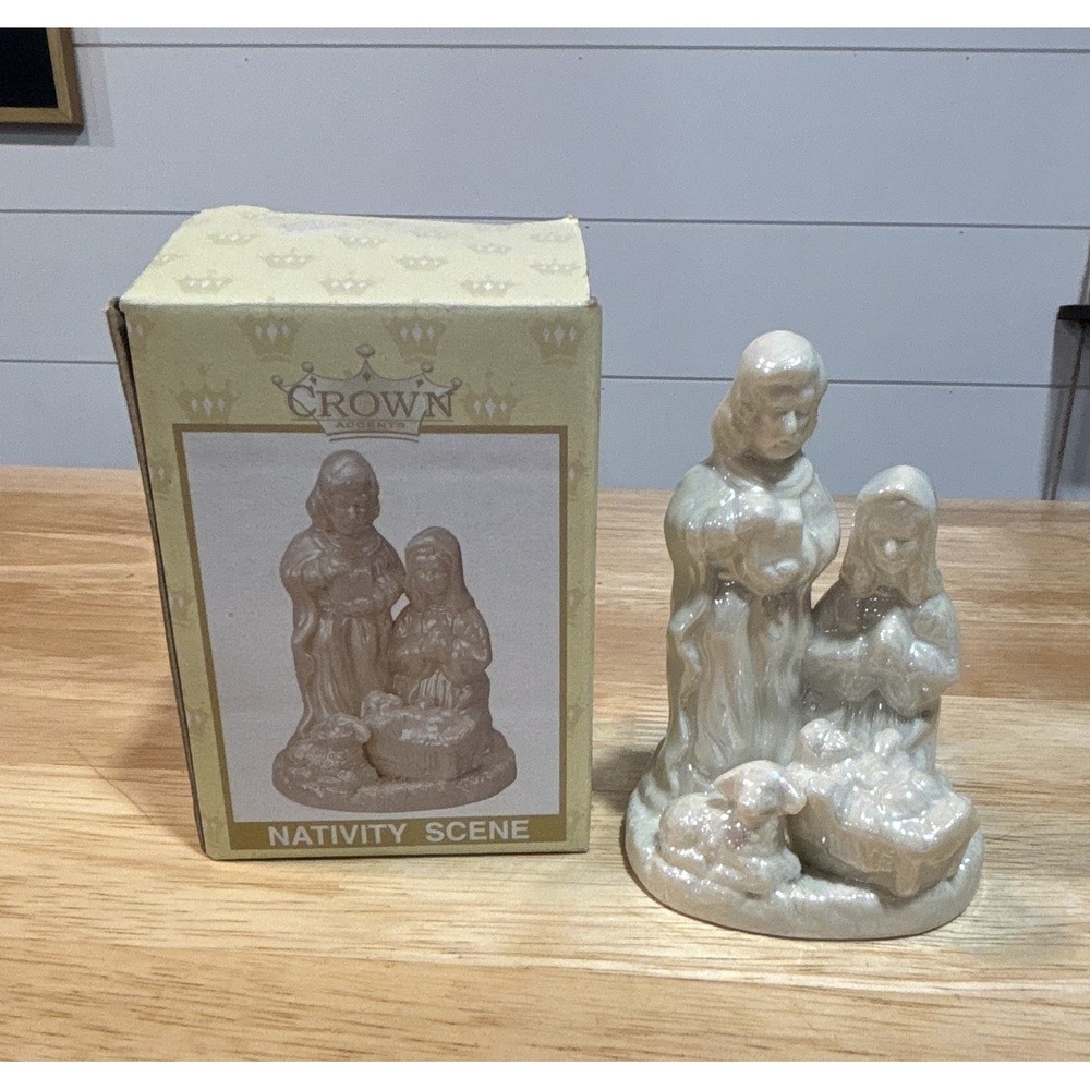 Crown Accents Iridescent White Ceramic Nativity Figurine Mary Joseph 88598